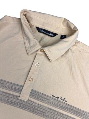 Travis Mathew Golf Polo Mens Medium Yellow Gray Stripe Short Sleeve Cotton Blend
